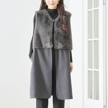 ベスト ロング ジレ アウター ファー 異素材 切替 ゆったり 体型カバー 秋 冬 M L