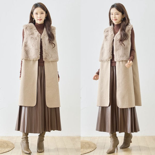 ベスト ロング ジレ アウター ファー 異素材 切替 ゆったり 体型カバー 秋 冬 M L