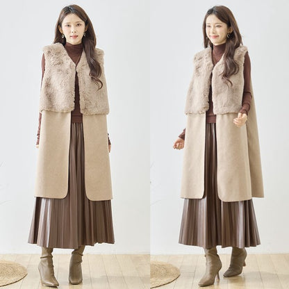 ベスト ロング ジレ アウター ファー 異素材 切替 ゆったり 体型カバー 秋 冬 M L