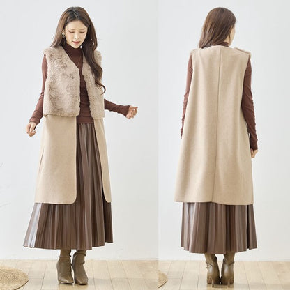 ベスト ロング ジレ アウター ファー 異素材 切替 ゆったり 体型カバー 秋 冬 M L