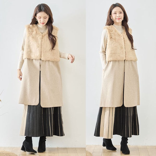 ベスト ロング ジレ アウター ファー 異素材 切替 ゆったり 体型カバー 秋 冬 M L