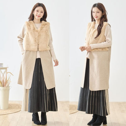 ベスト ロング ジレ アウター ファー 異素材 切替 ゆったり 体型カバー 秋 冬 M L