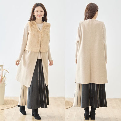 ベスト ロング ジレ アウター ファー 異素材 切替 ゆったり 体型カバー 秋 冬 M L