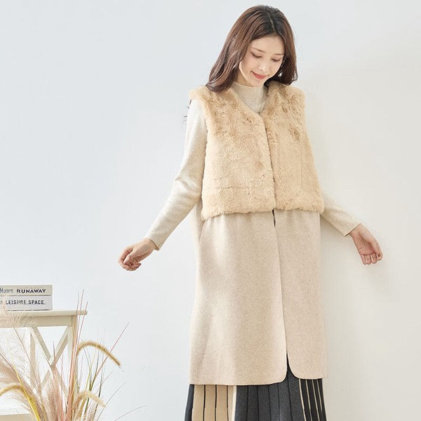 ベスト ロング ジレ アウター ファー 異素材 切替 ゆったり 体型カバー 秋 冬 M L