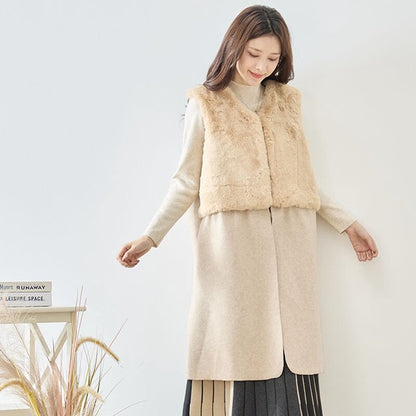ベスト ロング ジレ アウター ファー 異素材 切替 ゆったり 体型カバー 秋 冬 M L