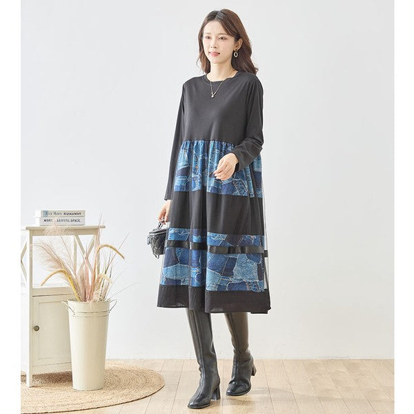 ワンピース ロング デニム パッチワーク柄 チュール レイヤード 長袖 秋 冬 M L