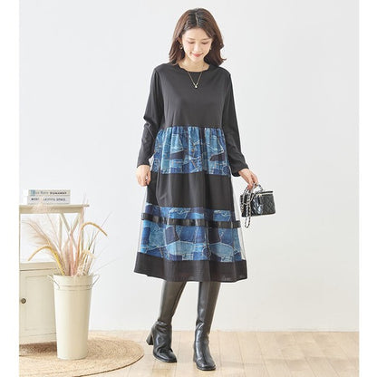 ワンピース ロング デニム パッチワーク柄 チュール レイヤード 長袖 秋 冬 M L