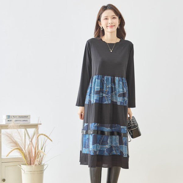 ワンピース ロング デニム パッチワーク柄 チュール レイヤード 長袖 秋 冬 M L