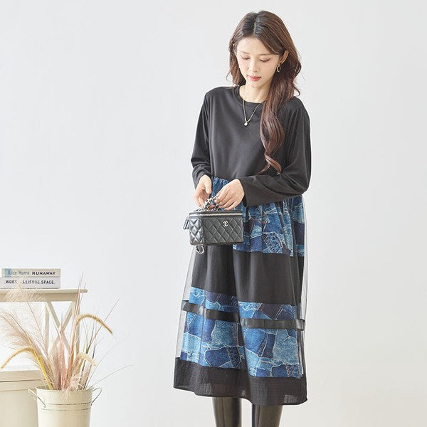 ワンピース ロング デニム パッチワーク柄 チュール レイヤード 長袖 秋 冬 M L