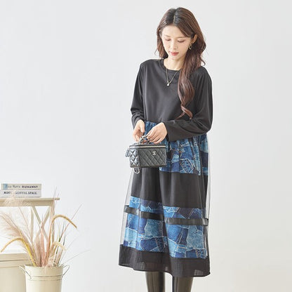 ワンピース ロング デニム パッチワーク柄 チュール レイヤード 長袖 秋 冬 M L