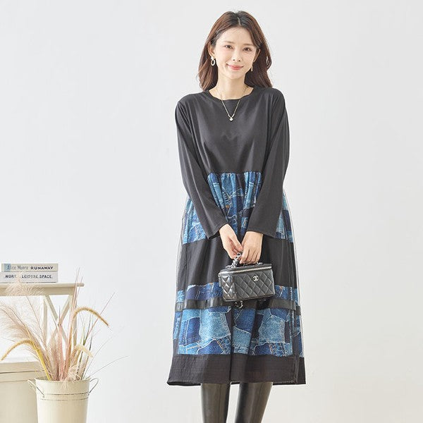 ワンピース ロング デニム パッチワーク柄 チュール レイヤード 長袖 秋 冬 M L