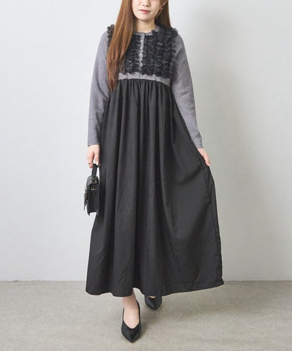 ワンピース ロング ニット 異素材 切替 チュール フリル 長袖 秋 冬 F