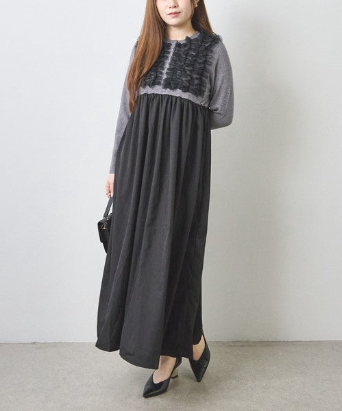 ワンピース ロング ニット 異素材 切替 チュール フリル 長袖 秋 冬 F