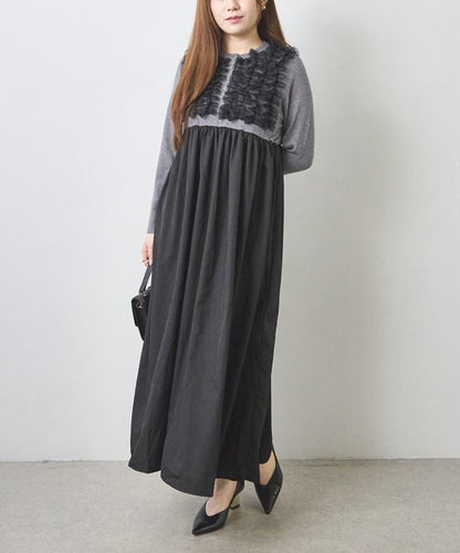 ワンピース ロング ニット 異素材 切替 チュール フリル 長袖 秋 冬 F