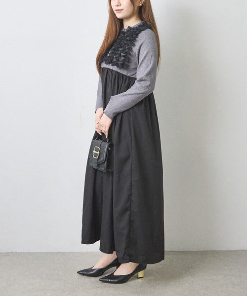ワンピース ロング ニット 異素材 切替 チュール フリル 長袖 秋 冬 F