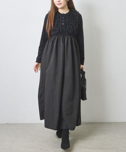 ワンピース ロング ニット 異素材 切替 チュール フリル 長袖 秋 冬 F