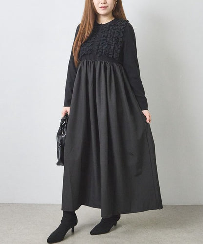 ワンピース ロング ニット 異素材 切替 チュール フリル 長袖 秋 冬 F