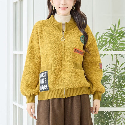 アウター ブルゾン ニット ボア ジャケット ワッペン ゆったり 体型カバー 秋 冬 M L