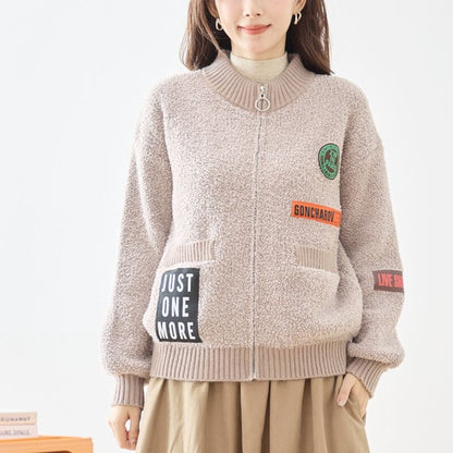 アウター ブルゾン ニット ボア ジャケット ワッペン ゆったり 体型カバー 秋 冬 M L