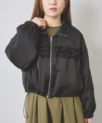 ジャケット ブルゾン フリル レース ショート丈 ゆったり 体型カバー 秋 冬 F