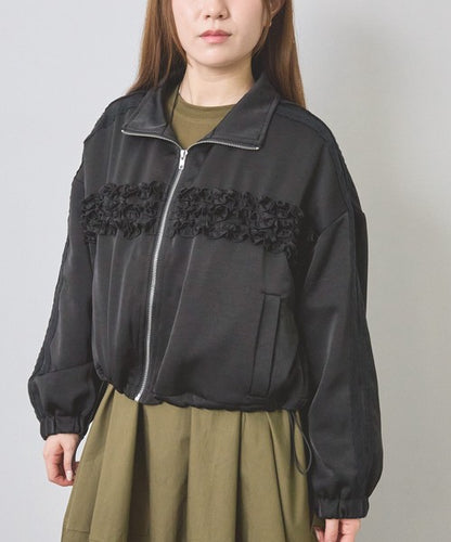 ジャケット ブルゾン フリル レース ショート丈 ゆったり 体型カバー 秋 冬 F