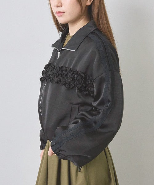 ジャケット ブルゾン フリル レース ショート丈 ゆったり 体型カバー 秋 冬 F