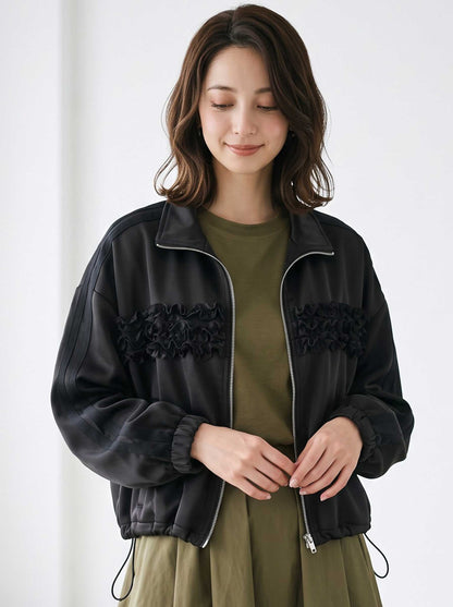 ジャケット ブルゾン フリル レース ショート丈 ゆったり 体型カバー 秋 冬 F