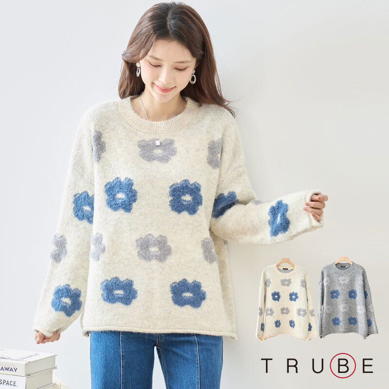ニット プルオーバー セーター 花柄 ゆったり 体型カバー 秋 冬 M L