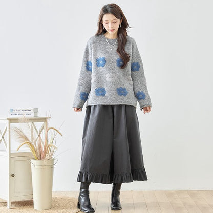 ニット プルオーバー セーター 花柄 ゆったり 体型カバー 秋 冬 M L