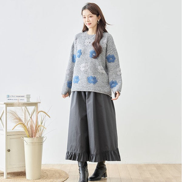 ニット プルオーバー セーター 花柄 ゆったり 体型カバー 秋 冬 M L