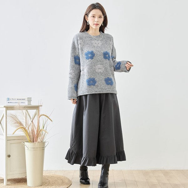 ニット プルオーバー セーター 花柄 ゆったり 体型カバー 秋 冬 M L