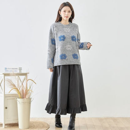 ニット プルオーバー セーター 花柄 ゆったり 体型カバー 秋 冬 M L