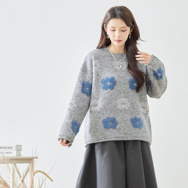 ニット プルオーバー セーター 花柄 ゆったり 体型カバー 秋 冬 M L