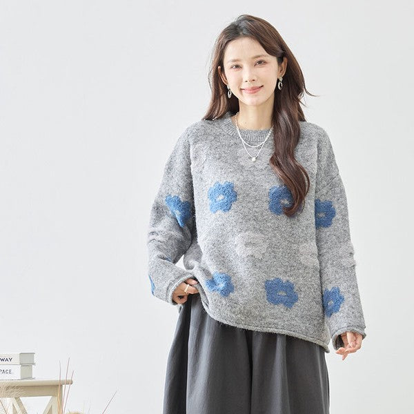 ニット プルオーバー セーター 花柄 ゆったり 体型カバー 秋 冬 M L