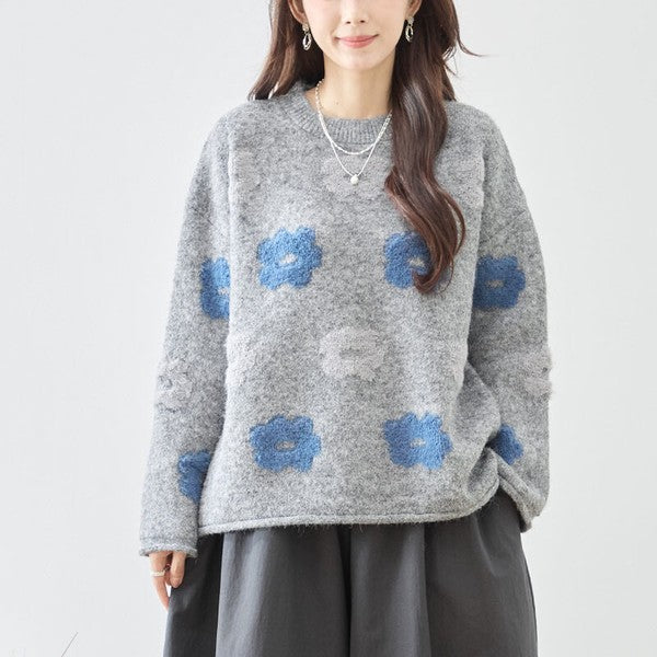 ニット プルオーバー セーター 花柄 ゆったり 体型カバー 秋 冬 M L