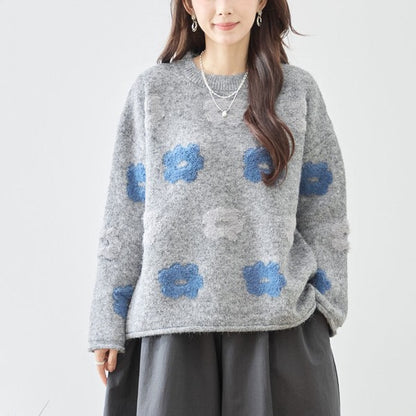 ニット プルオーバー セーター 花柄 ゆったり 体型カバー 秋 冬 M L