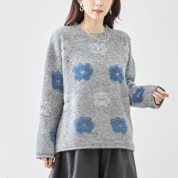 ニット プルオーバー セーター 花柄 ゆったり 体型カバー 秋 冬 M L