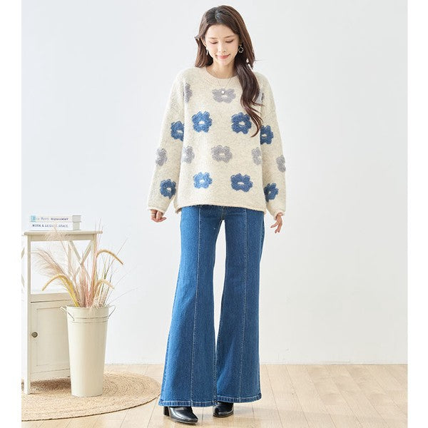 ニット プルオーバー セーター 花柄 ゆったり 体型カバー 秋 冬 M L
