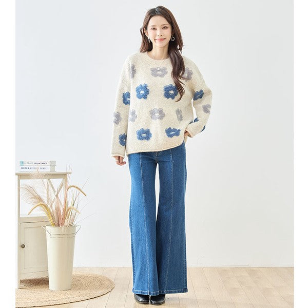 ニット プルオーバー セーター 花柄 ゆったり 体型カバー 秋 冬 M L
