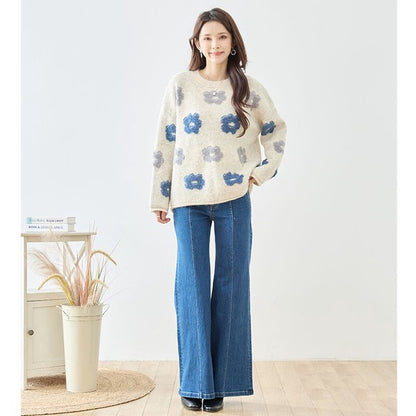 ニット プルオーバー セーター 花柄 ゆったり 体型カバー 秋 冬 M L
