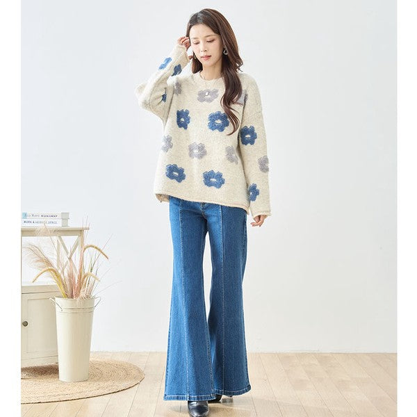 ニット プルオーバー セーター 花柄 ゆったり 体型カバー 秋 冬 M L
