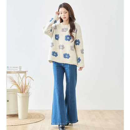 ニット プルオーバー セーター 花柄 ゆったり 体型カバー 秋 冬 M L