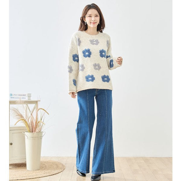 ニット プルオーバー セーター 花柄 ゆったり 体型カバー 秋 冬 M L