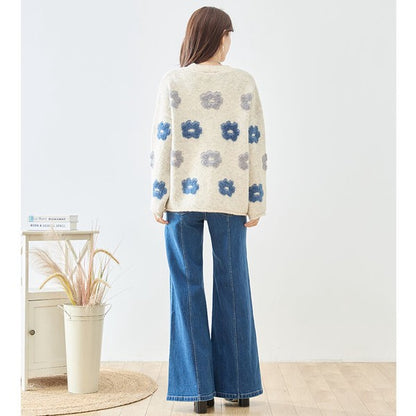 ニット プルオーバー セーター 花柄 ゆったり 体型カバー 秋 冬 M L