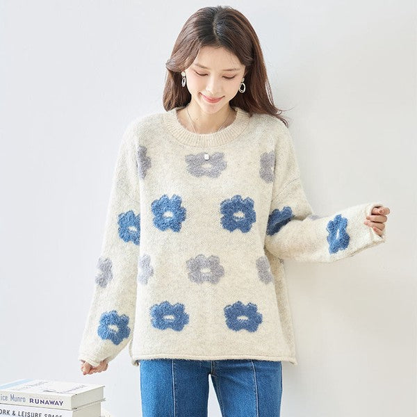 ニット プルオーバー セーター 花柄 ゆったり 体型カバー 秋 冬 M L