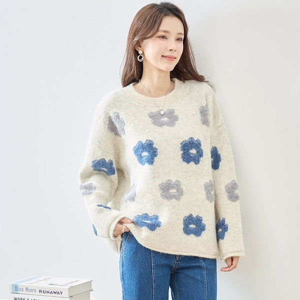 ニット プルオーバー セーター 花柄 ゆったり 体型カバー 秋 冬 M L