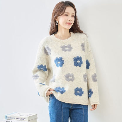 ニット プルオーバー セーター 花柄 ゆったり 体型カバー 秋 冬 M L