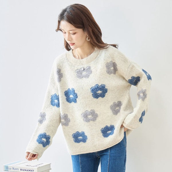 ニット プルオーバー セーター 花柄 ゆったり 体型カバー 秋 冬 M L
