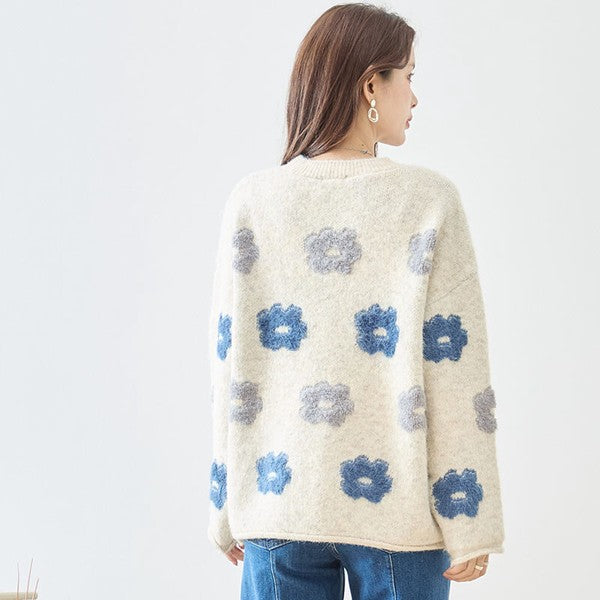 ニット プルオーバー セーター 花柄 ゆったり 体型カバー 秋 冬 M L