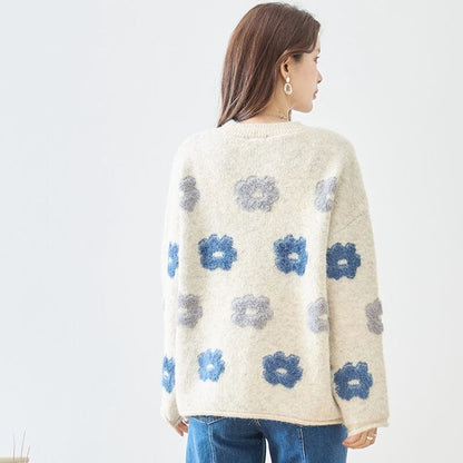 ニット プルオーバー セーター 花柄 ゆったり 体型カバー 秋 冬 M L